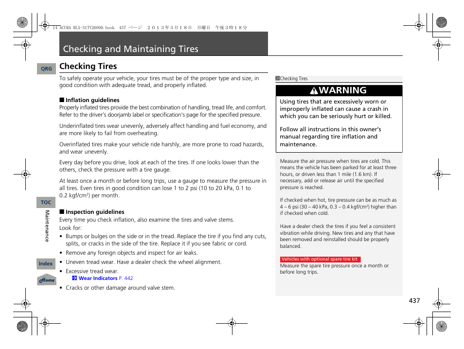 P. 437, P 437), Checking and maintaining tires | 2 checking and maintaining tires p. 437, Warning, Checking tires | Acura 2014 RLX User Manual | Page 438 / 518