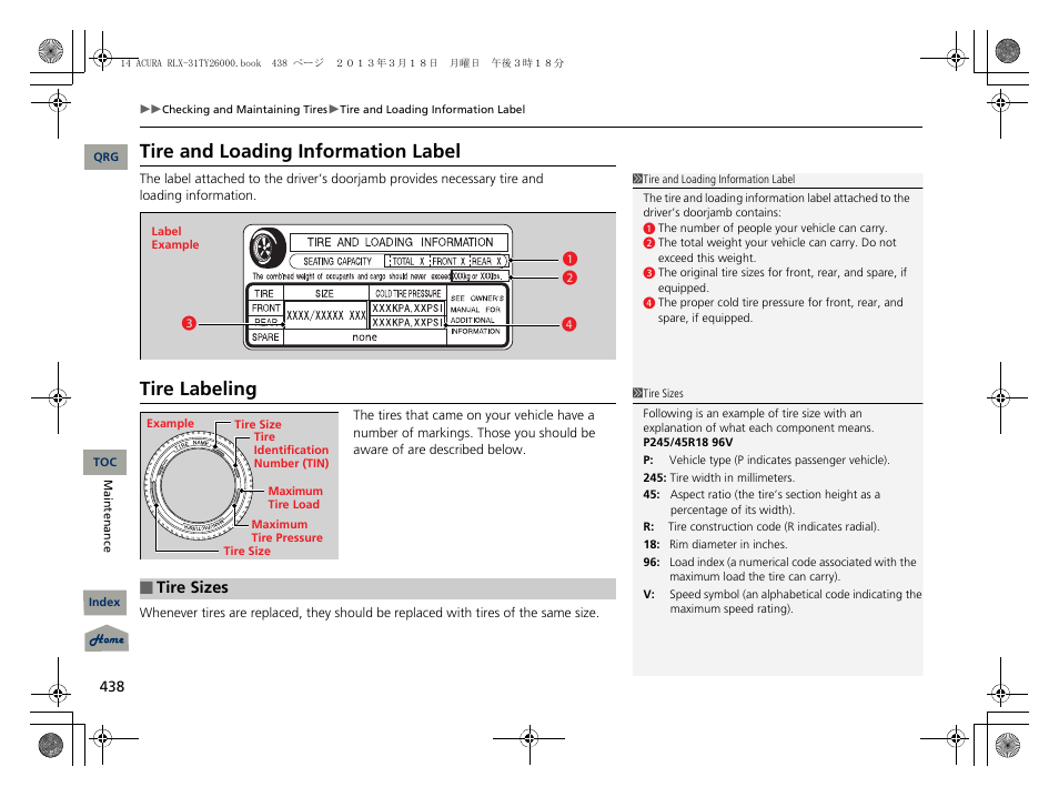 Tire and loading information label, Tire labeling, Tire sizes | Acura 2014 RLX User Manual | Page 439 / 518