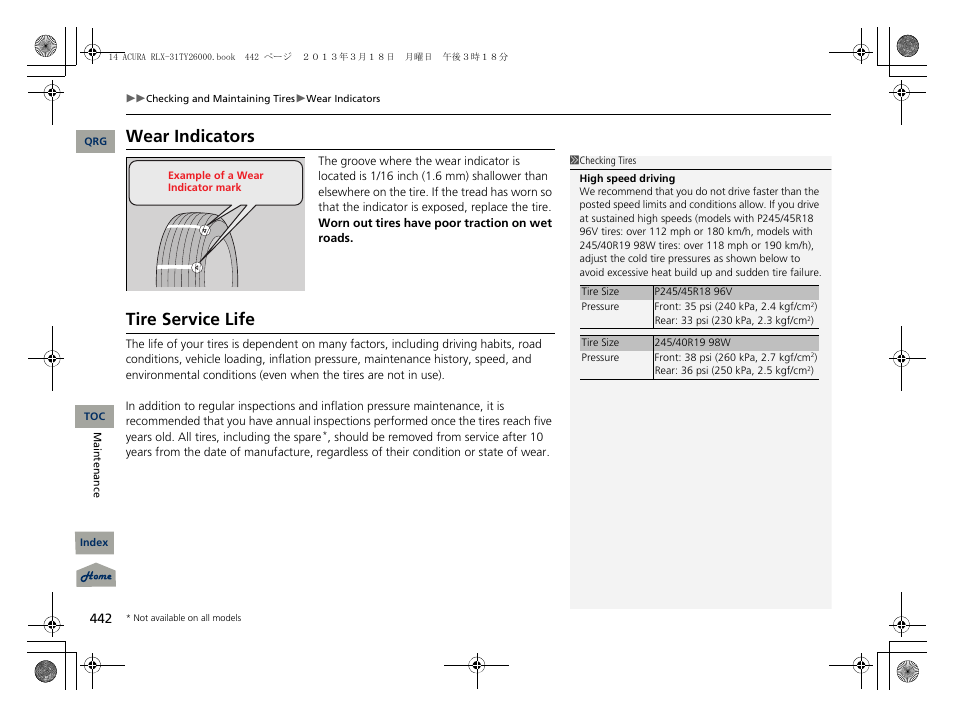 Wear indicators, Tire service life | Acura 2014 RLX User Manual | Page 443 / 518