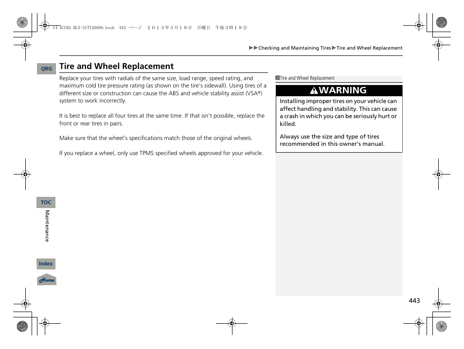 Warning, Tire and wheel replacement | Acura 2014 RLX User Manual | Page 444 / 518