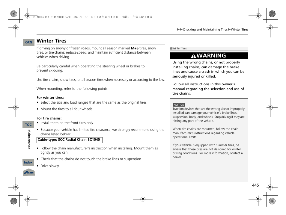 Warning, Winter tires | Acura 2014 RLX User Manual | Page 446 / 518