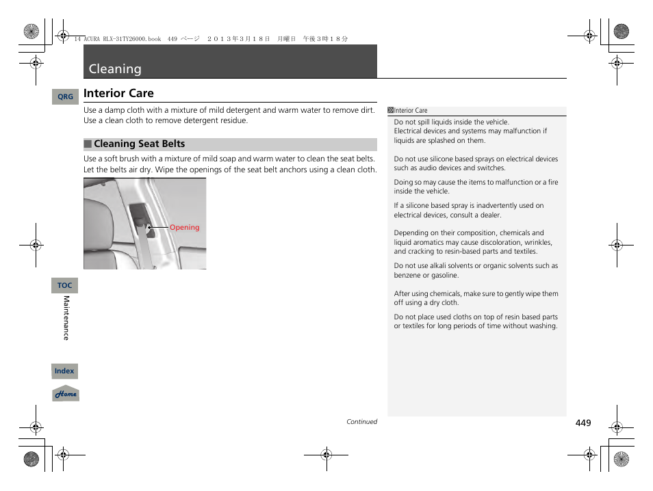 Eaning, P. 449, Cleaning | Interior care | Acura 2014 RLX User Manual | Page 450 / 518