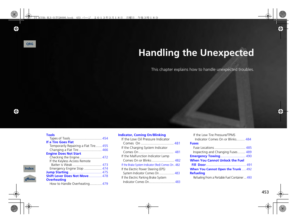 Handling the unexpected, 2 handling the unexpected p. 453, P. 453 | P 453) | Acura 2014 RLX User Manual | Page 454 / 518