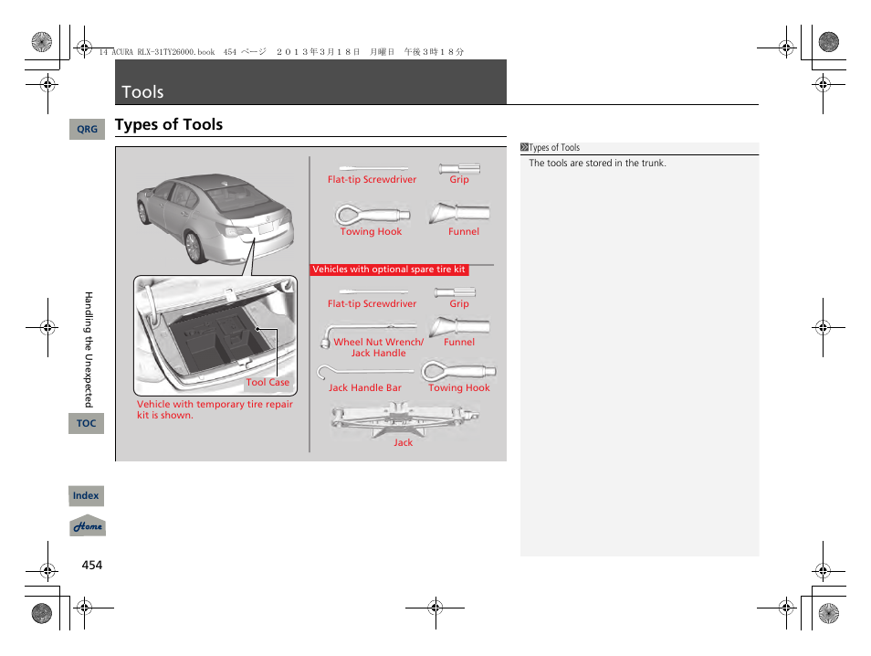 Tools, P. 454, Types of tools | Acura 2014 RLX User Manual | Page 455 / 518