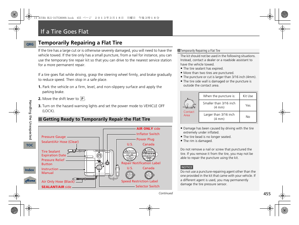 Flat, P. 455, P 455) | If a tire goes flat, Temporarily repairing a flat tire | Acura 2014 RLX User Manual | Page 456 / 518