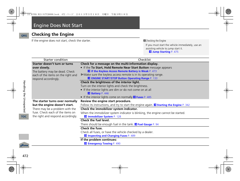 P. 472, P 472), Engine does not start | Checking the engine | Acura 2014 RLX User Manual | Page 473 / 518