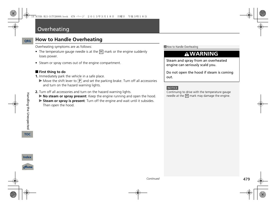 P. 479, P 479), 2 overheating p. 479 | Overheating, Warning, How to handle overheating | Acura 2014 RLX User Manual | Page 480 / 518