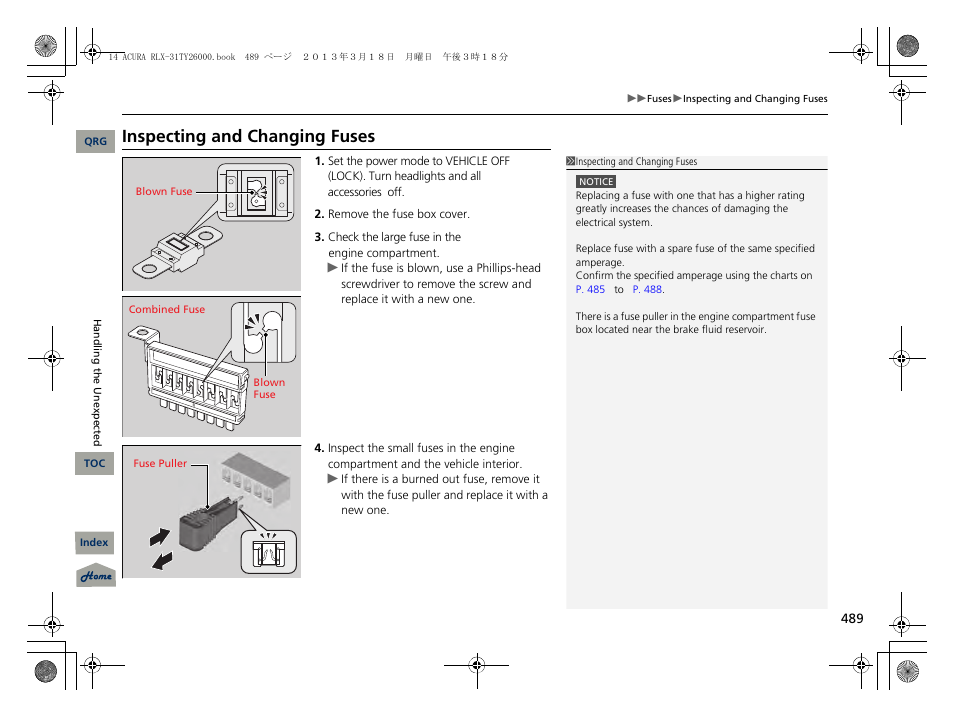 2 inspecting and changing fuses p. 489, Inspecting and changing fuses | Acura 2014 RLX User Manual | Page 490 / 518