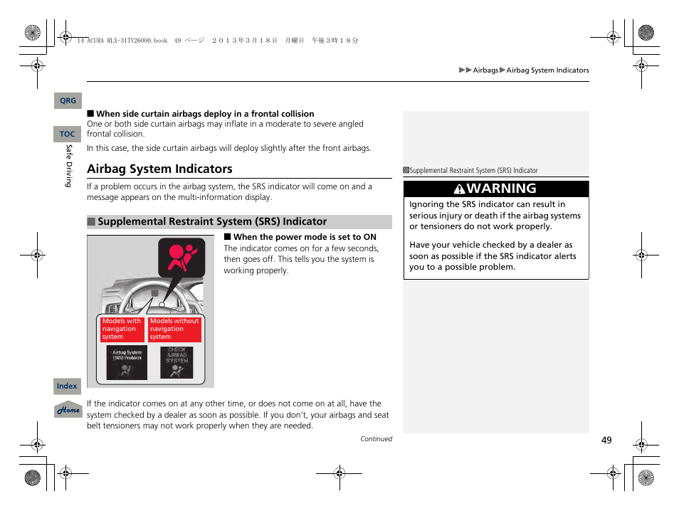 Warning, Airbag system indicators | Acura 2014 RLX User Manual | Page 50 / 518