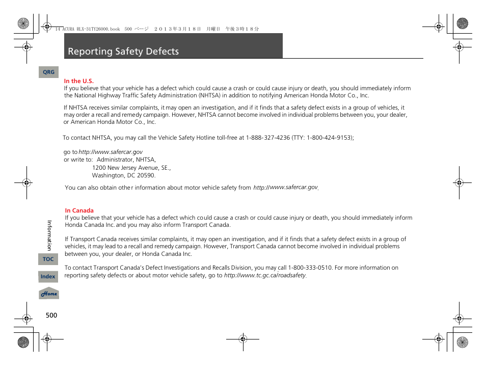 P. 500, Reporting safety defects | Acura 2014 RLX User Manual | Page 501 / 518