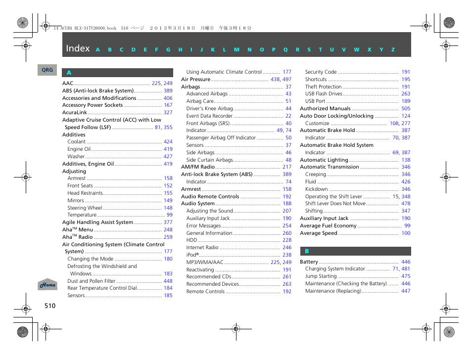Index, P. 510 | Acura 2014 RLX User Manual | Page 511 / 518