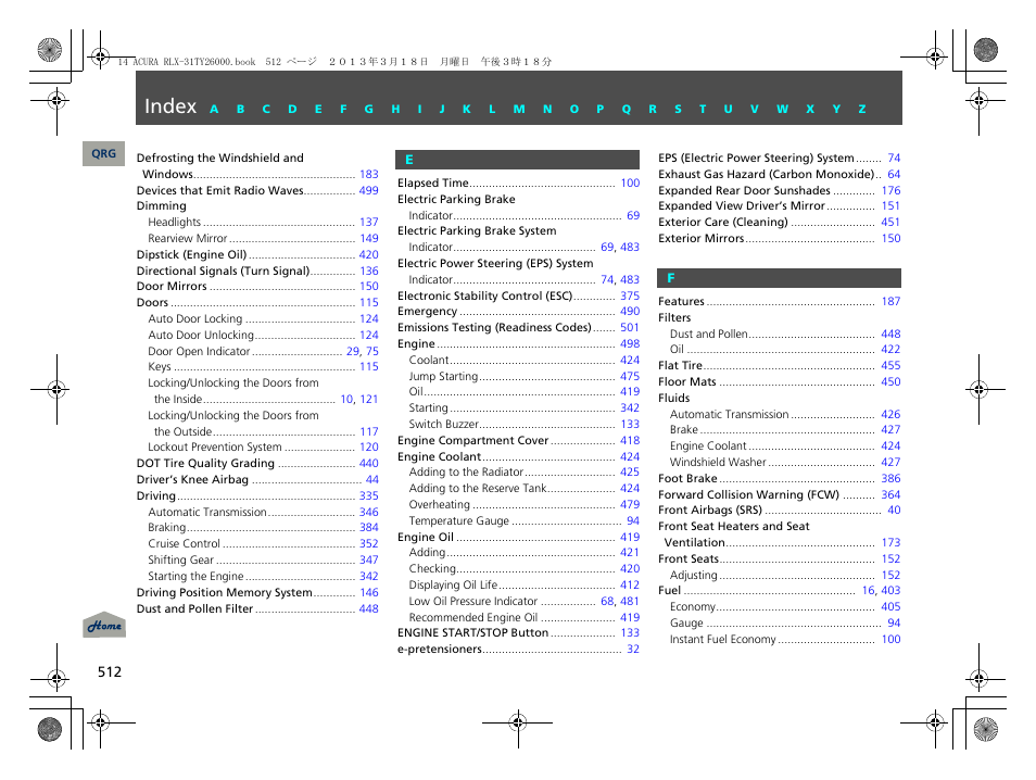 Index | Acura 2014 RLX User Manual | Page 513 / 518