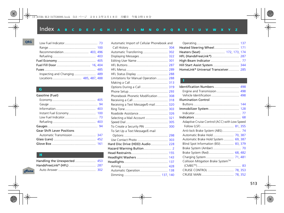 Index | Acura 2014 RLX User Manual | Page 514 / 518