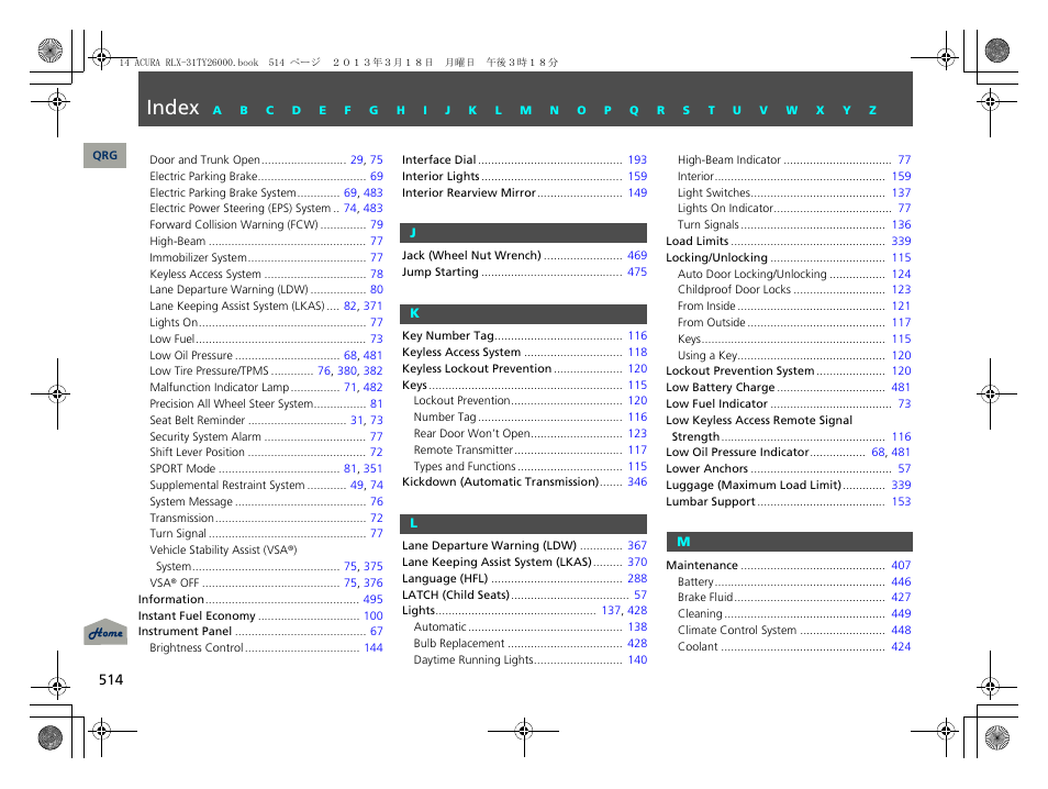 Index | Acura 2014 RLX User Manual | Page 515 / 518