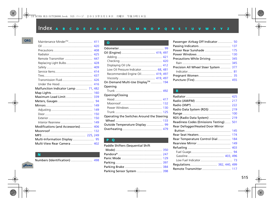 Index | Acura 2014 RLX User Manual | Page 516 / 518