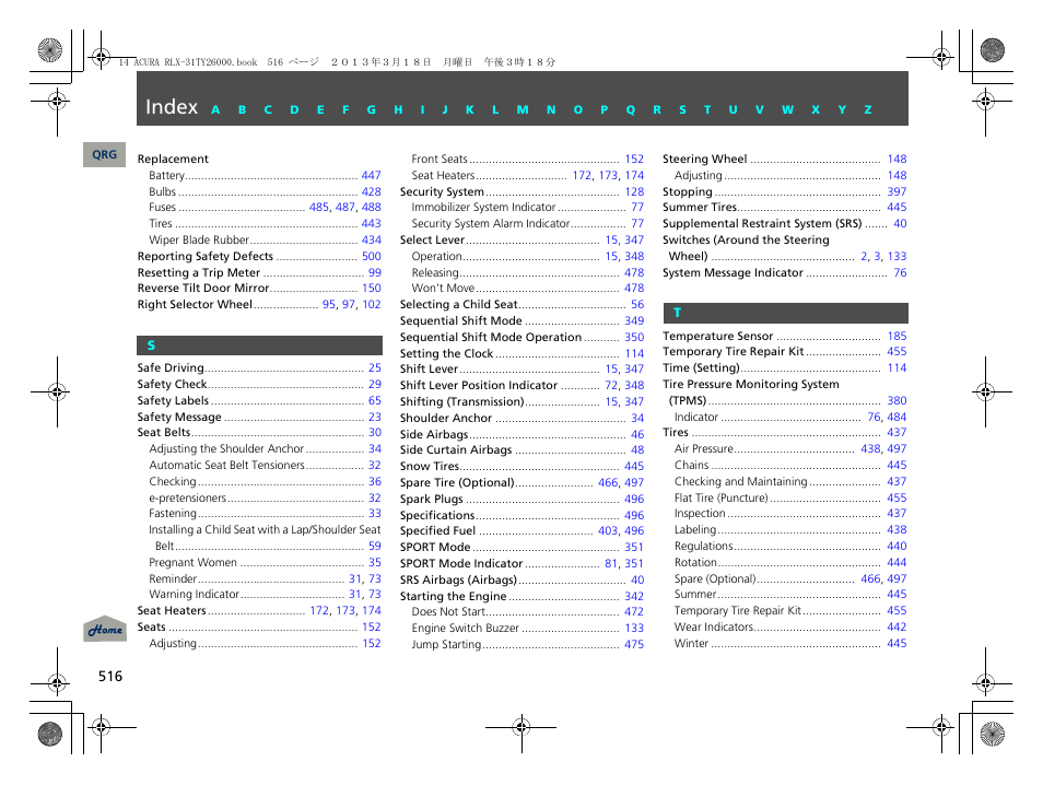 Index | Acura 2014 RLX User Manual | Page 517 / 518