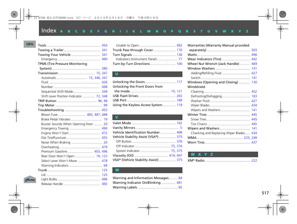 Index | Acura 2014 RLX User Manual | Page 518 / 518