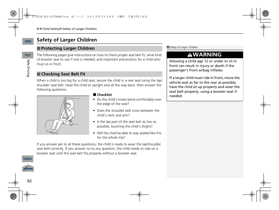 Warning, Safety of larger children | Acura 2014 RLX User Manual | Page 63 / 518