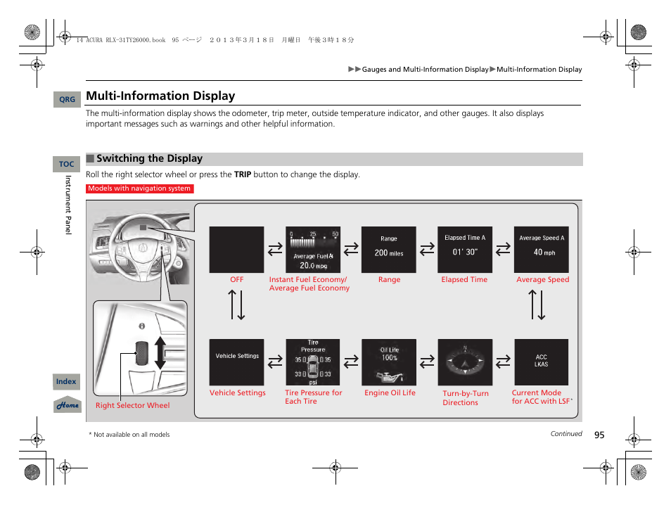 P 95), System, Multi-information display | Switching the display | Acura 2014 RLX User Manual | Page 96 / 518