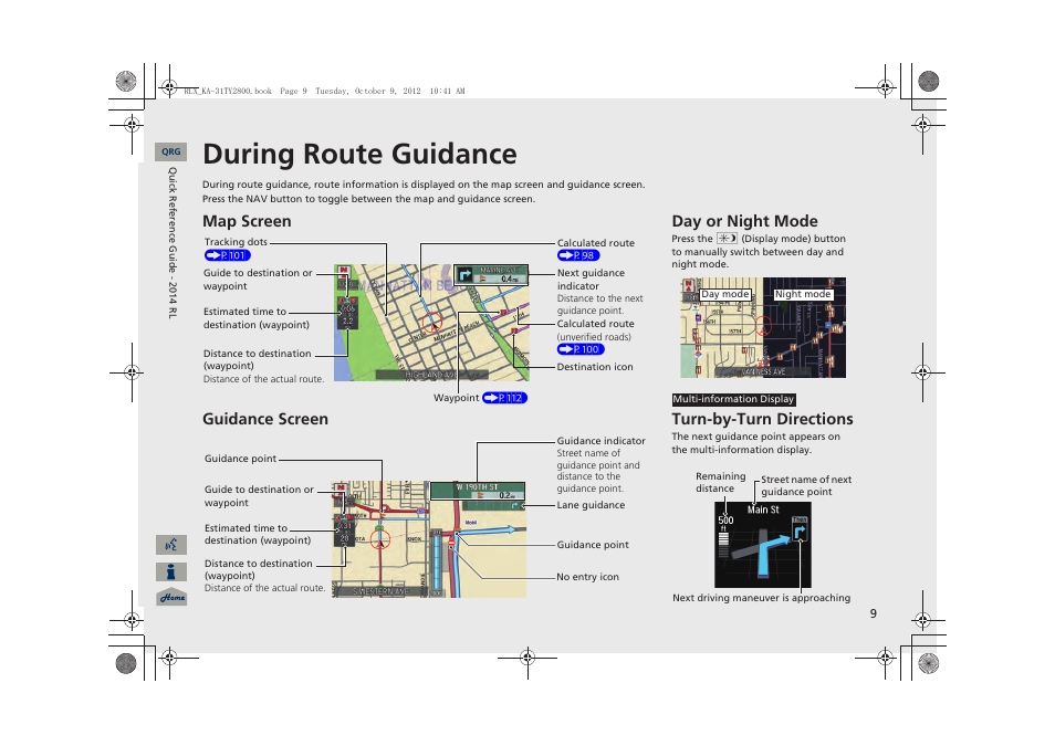 During route guidance, Map screen guidance screen, Day or night mode | Turn-by-turn directions | Acura 2014 RLX Navigation User Manual | Page 10 / 156