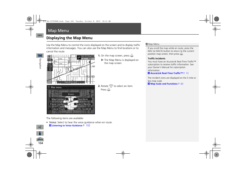 Map menu, 2 map menu, P. 104 | Displaying the map menu | Acura 2014 RLX Navigation User Manual | Page 105 / 156