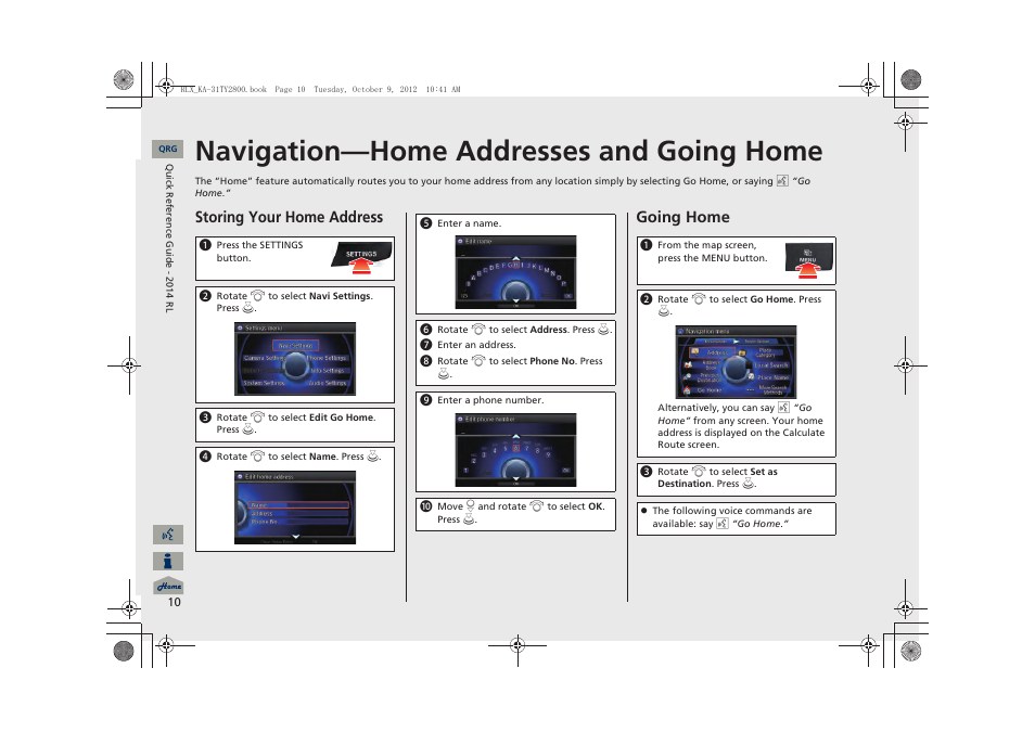 Navigation—home addresses and going home, Storing your home address, Going home | Acura 2014 RLX Navigation User Manual | Page 11 / 156