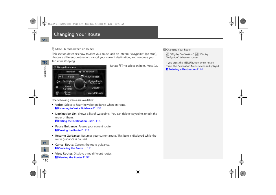 Changing your route, 2 changing your route p. 110, 2 changing your route | P. 110 | Acura 2014 RLX Navigation User Manual | Page 111 / 156