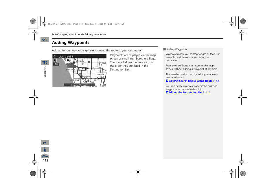 P112), Adding waypoints | Acura 2014 RLX Navigation User Manual | Page 113 / 156