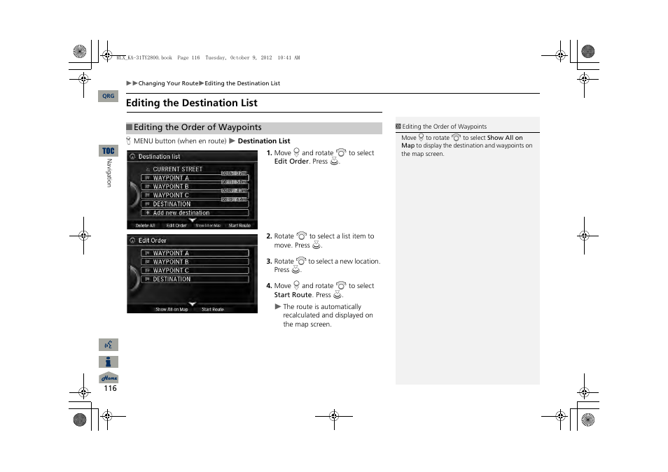 2 editing the destination list, P. 116, Editing the destination list | Acura 2014 RLX Navigation User Manual | Page 117 / 156