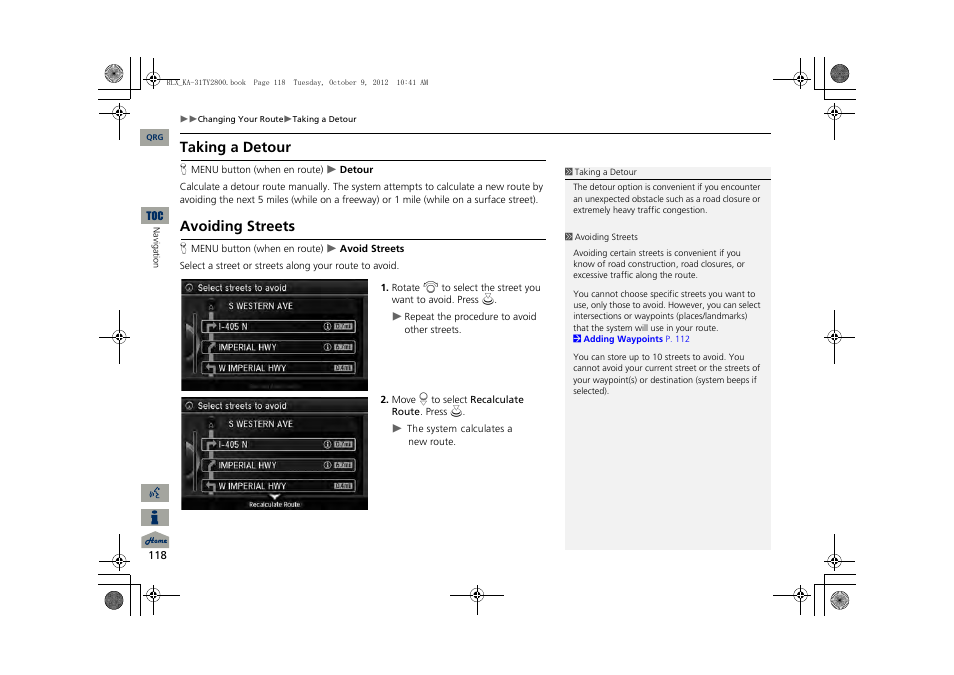 P118), 2 avoiding streets p. 118, 2 taking a detour | P. 118, 2 avoiding streets, Taking a detour, Avoiding streets | Acura 2014 RLX Navigation User Manual | Page 119 / 156