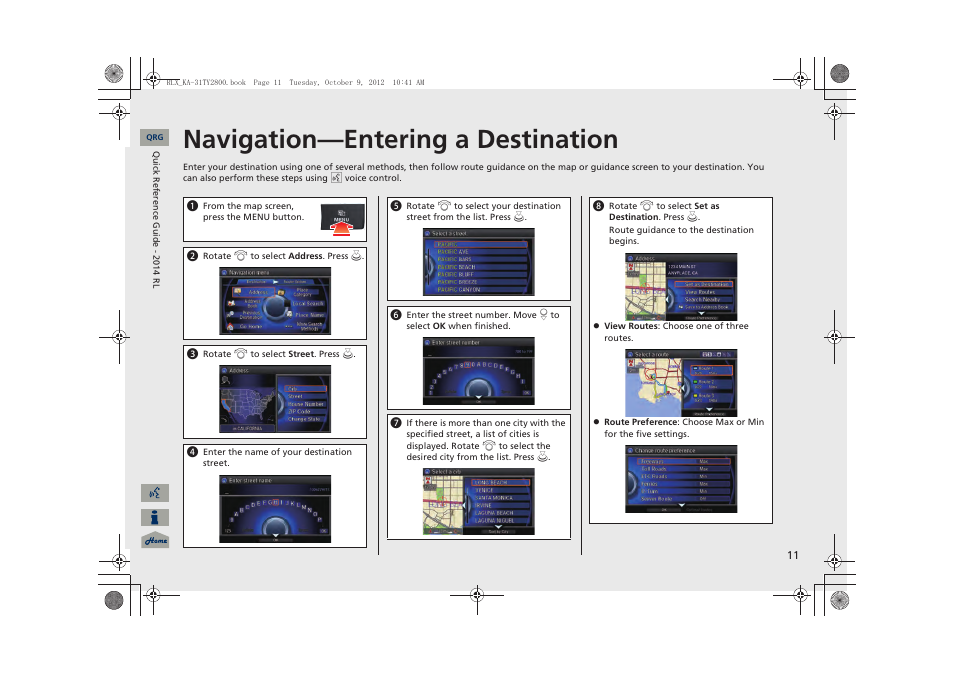 Navigation—entering a destination | Acura 2014 RLX Navigation User Manual | Page 12 / 156