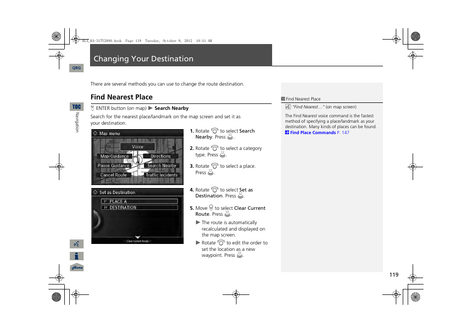 Changing your destination, P119), 2 find nearest place p. 119 | 2 find nearest place, P. 119, Find nearest place | Acura 2014 RLX Navigation User Manual | Page 120 / 156