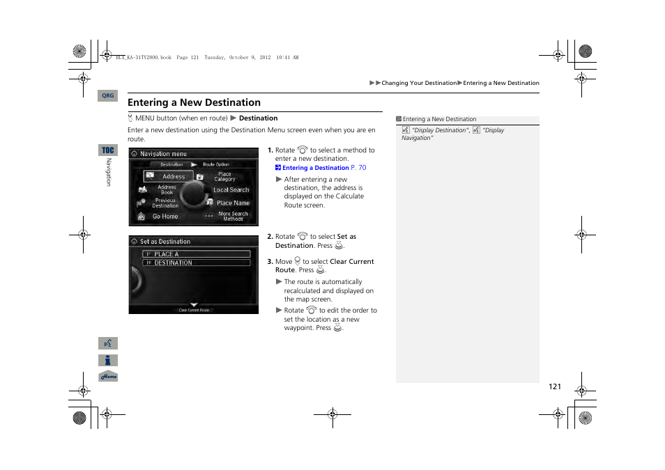 P121), Entering a new destination | Acura 2014 RLX Navigation User Manual | Page 122 / 156