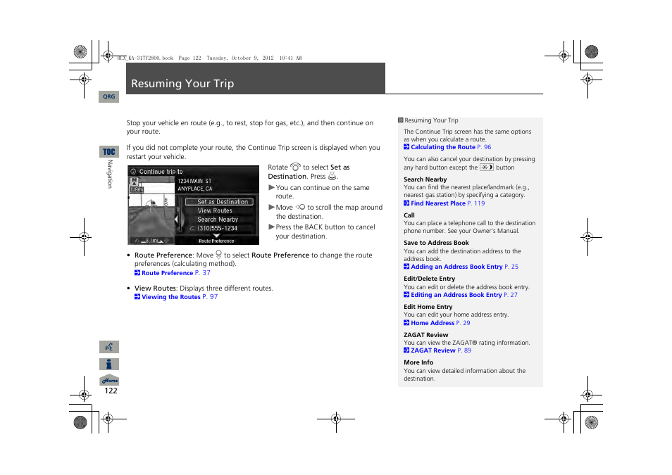 Resuming your trip, 2 resuming your trip, P. 122 | Acura 2014 RLX Navigation User Manual | Page 123 / 156