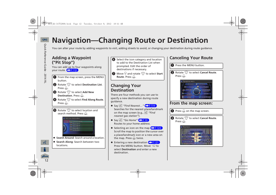 Navigation—changing route or destination, Adding a waypoint (“pit stop”), Changing your destination | Canceling your route from the map screen | Acura 2014 RLX Navigation User Manual | Page 13 / 156