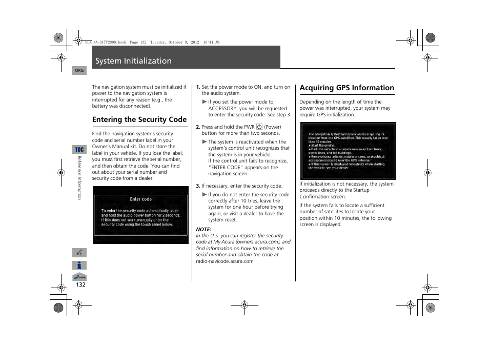 System initialization, 2 system initialization p. 132, Entering the security code | Acquiring gps information | Acura 2014 RLX Navigation User Manual | Page 133 / 156