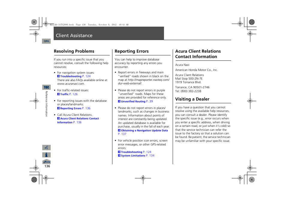 Client assistance, Assistance, Resolving problems | Reporting errors, Acura client relations contact information, Visiting a dealer | Acura 2014 RLX Navigation User Manual | Page 137 / 156