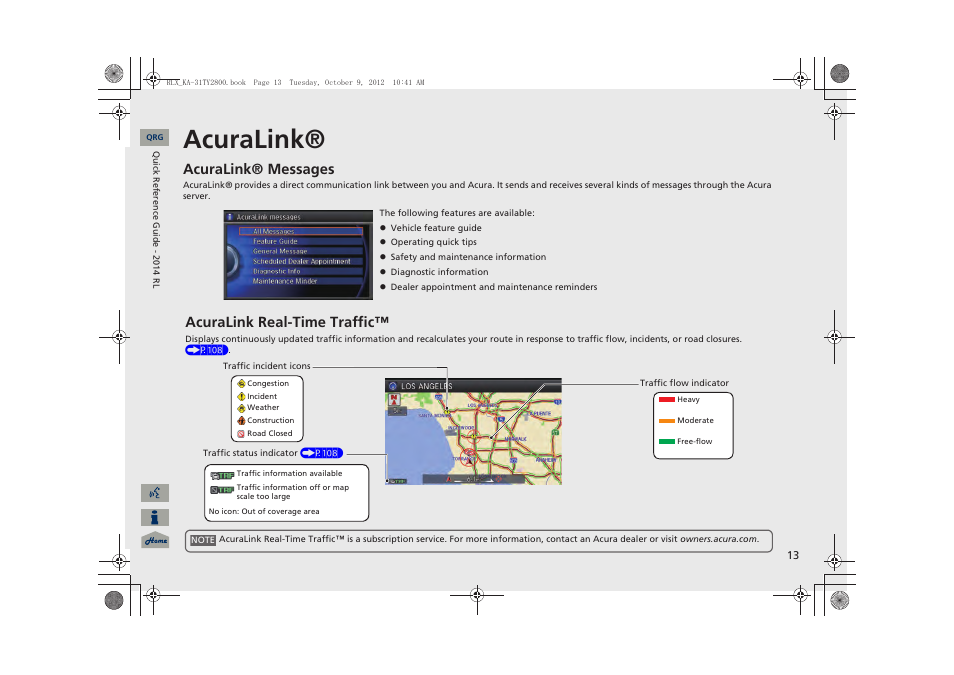 Acuralink, P13), Acuralink® messages | Acuralink real-time traffic | Acura 2014 RLX Navigation User Manual | Page 14 / 156