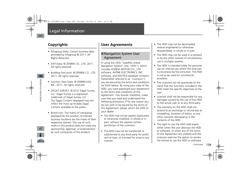 Legal information, Copyrights, User agreements | Acura 2014 RLX Navigation User Manual | Page 140 / 156