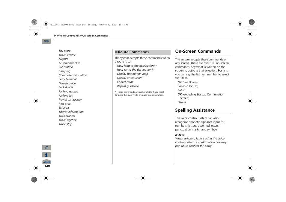 2 route commands p. 148, On-screen commands, Spelling assistance | Acura 2014 RLX Navigation User Manual | Page 149 / 156