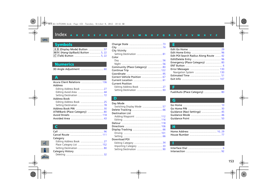 Index, Symbols, Numerics | A - i, P.153 | Acura 2014 RLX Navigation User Manual | Page 154 / 156