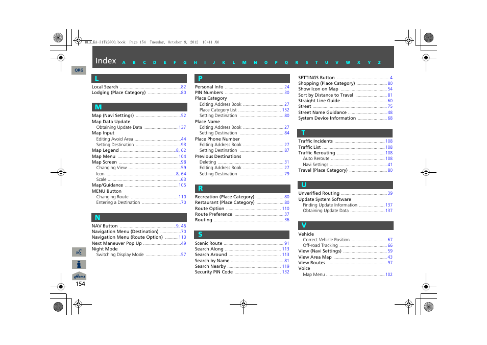L - v, Index | Acura 2014 RLX Navigation User Manual | Page 155 / 156