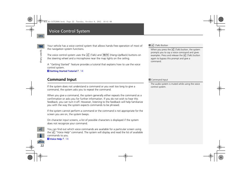 Voice control system, P22), Command input | Acura 2014 RLX Navigation User Manual | Page 23 / 156
