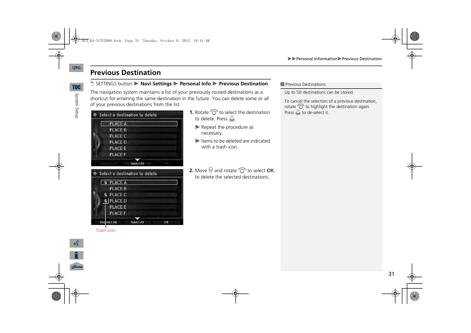 2 previous destination, P. 31, Previous destination | Acura 2014 RLX Navigation User Manual | Page 32 / 156