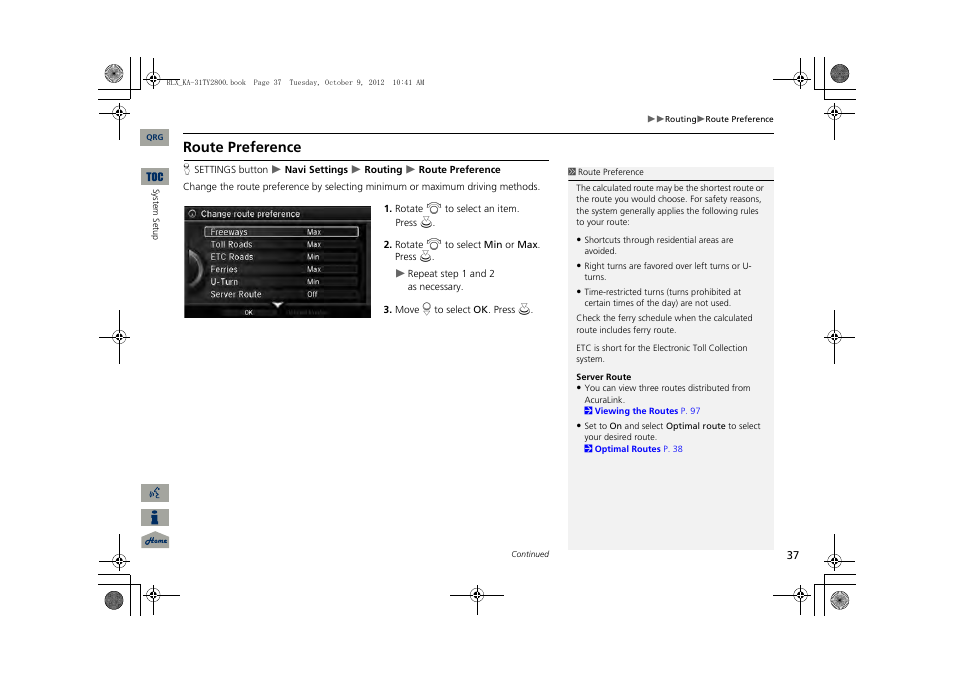 2 route preference, P. 37, Route preference | Acura 2014 RLX Navigation User Manual | Page 38 / 156