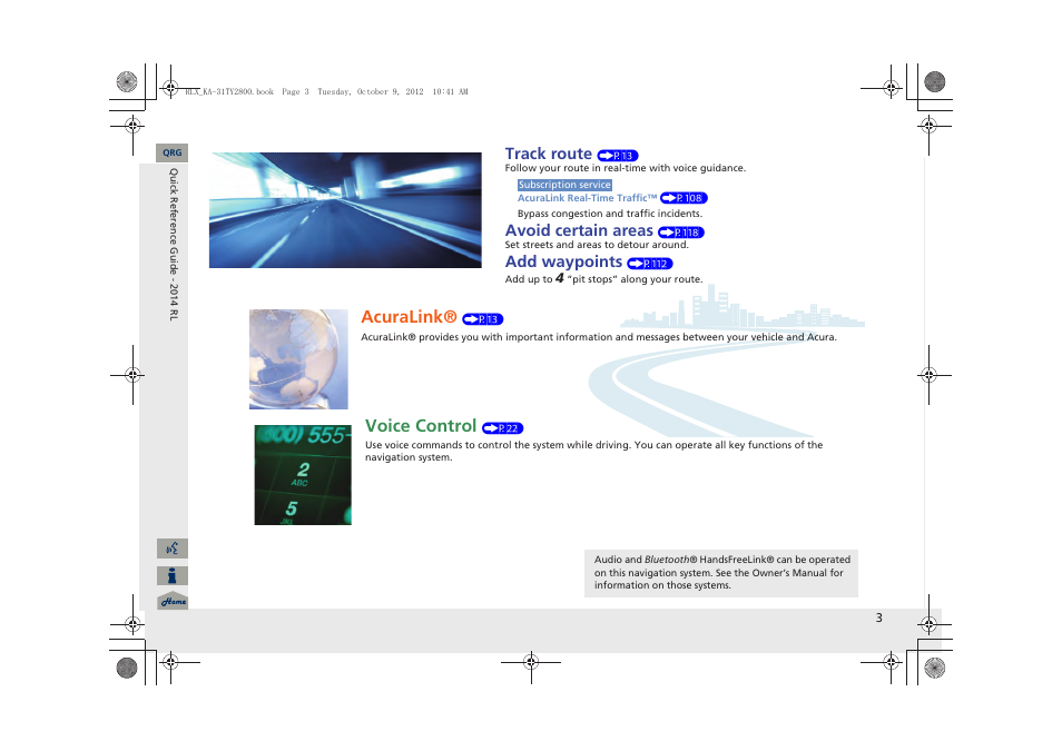 Acuralink, Voice control, Track route | Avoid certain areas, Add waypoints | Acura 2014 RLX Navigation User Manual | Page 4 / 156