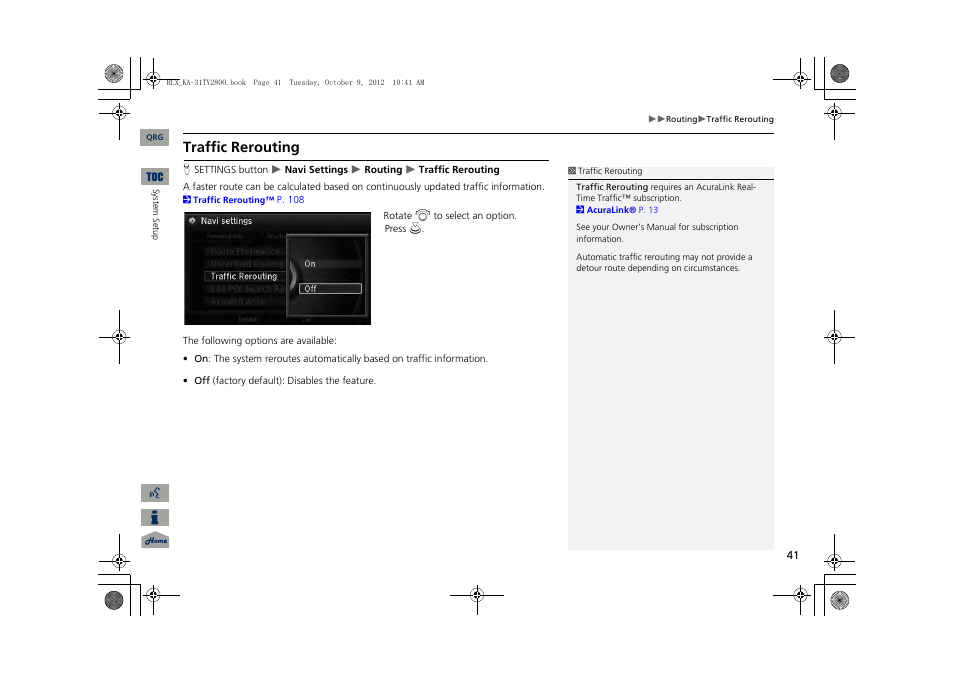 2 traffic rerouting, P. 41, Traffic rerouting | Acura 2014 RLX Navigation User Manual | Page 42 / 156