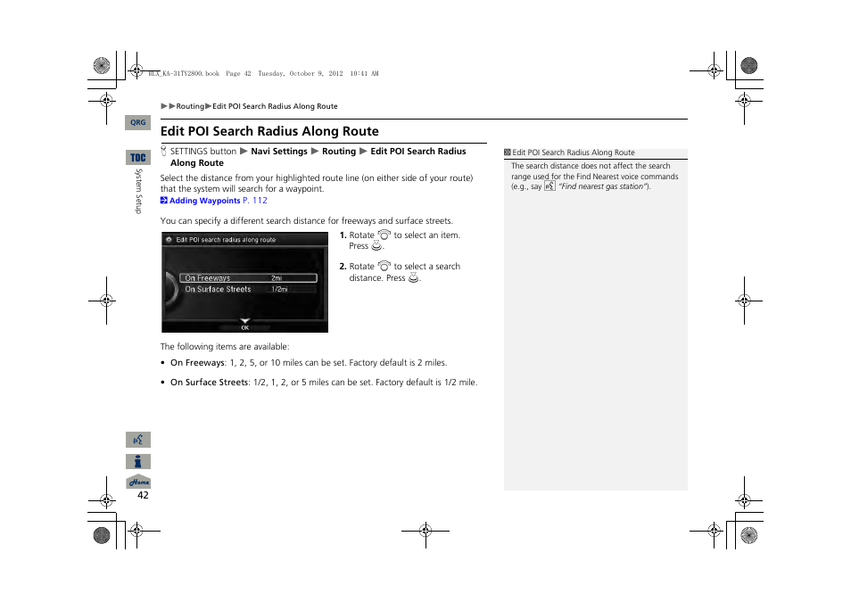 2 edit poi search radius along route, P. 42, Edit poi search radius along route | Acura 2014 RLX Navigation User Manual | Page 43 / 156