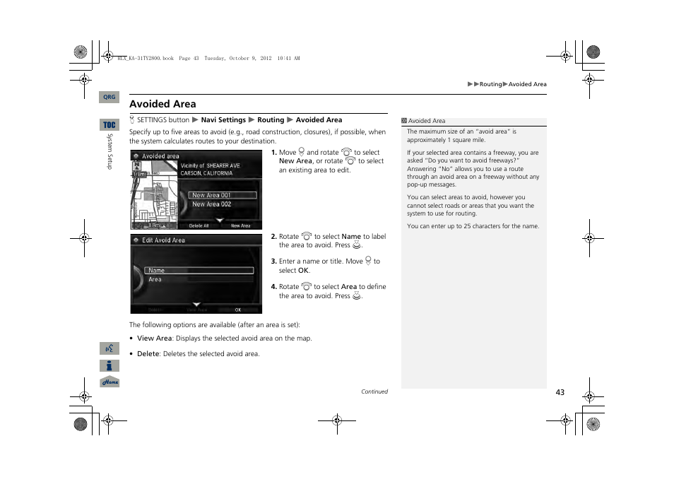 2 avoided area, P. 43, Avoided area | Acura 2014 RLX Navigation User Manual | Page 44 / 156