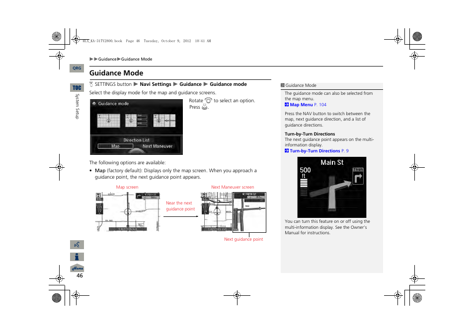 2 guidance mode, P. 46, Guidance mode | Acura 2014 RLX Navigation User Manual | Page 47 / 156